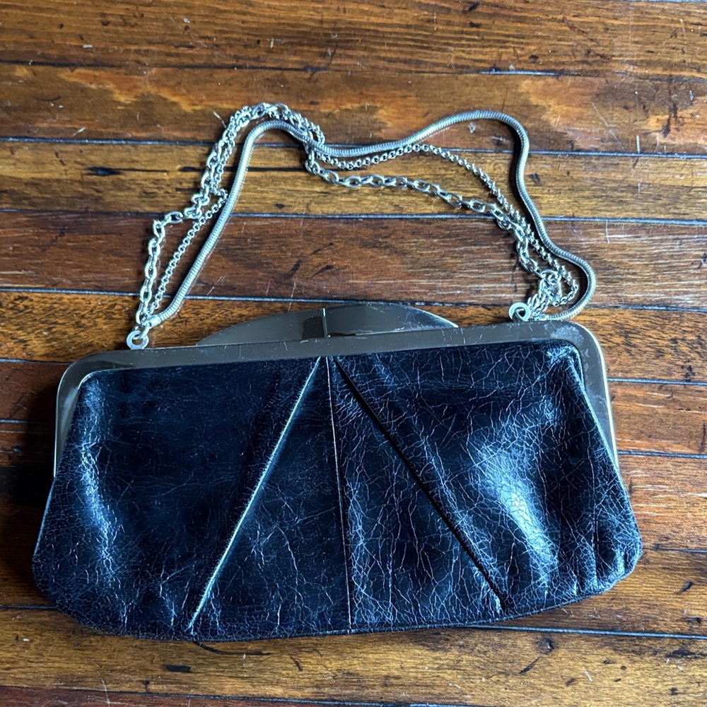 HOBO Black Leather Clutch with Silver Chain